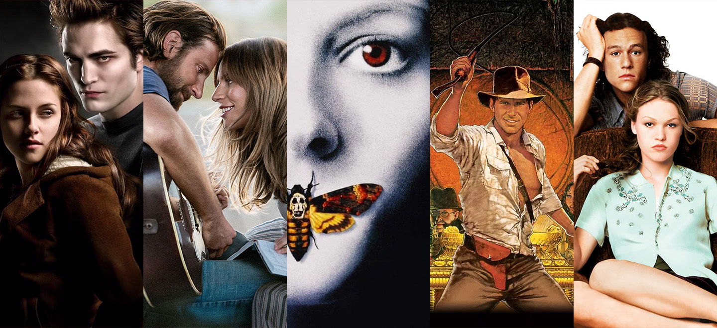 Kollage med bilder från de 5 filmerna på Sommarbio 2025: Twilight, A Star is Born, När lammen tystnar, Indiana Jones: Jakten på den försvunna skatten, och 10 orsaker att hata dig.